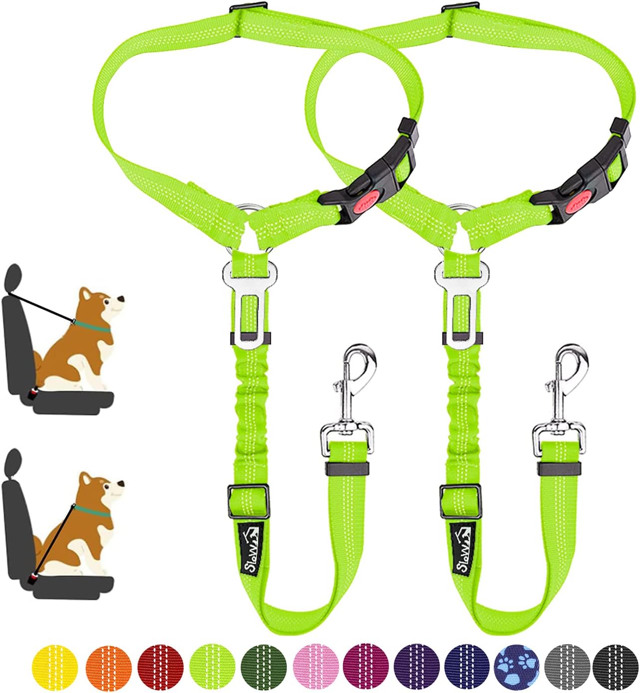 SlowTon Dog Seat Belt for Car, 2 Pack Dog Car Harness Seatbelt Adjustable with Elastic Bungee Buffer, 2 in 1 Pet Car Leash Headrest Restraint Dog Reflective Safety Tether (Lime, Headrest+Clip)