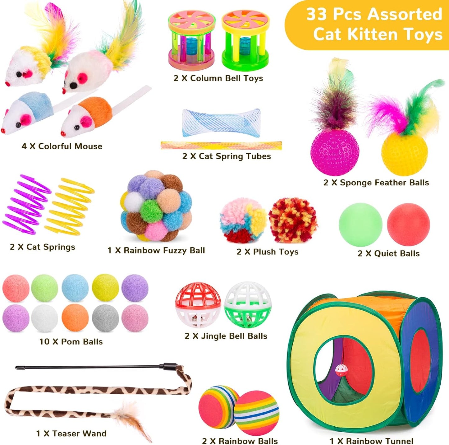 Retro Shaw Cat Toys Bundle 33 Pack, Interactive Kitten Toys for Indoor Cats Kitty with Collapsible Play Tunnel Tube Tent Feather Wand Teaser Bell Fuzzy Ball Springs Mouse Toy