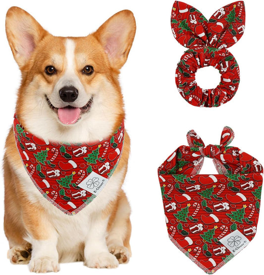 E-Clover Christmas Dog Bandanas & Matching Scrunchie Set Green Red Dog Scarf Bibs Pet Bandana with Bow Tie for Small Dogs Puppy Owner Mom Winter