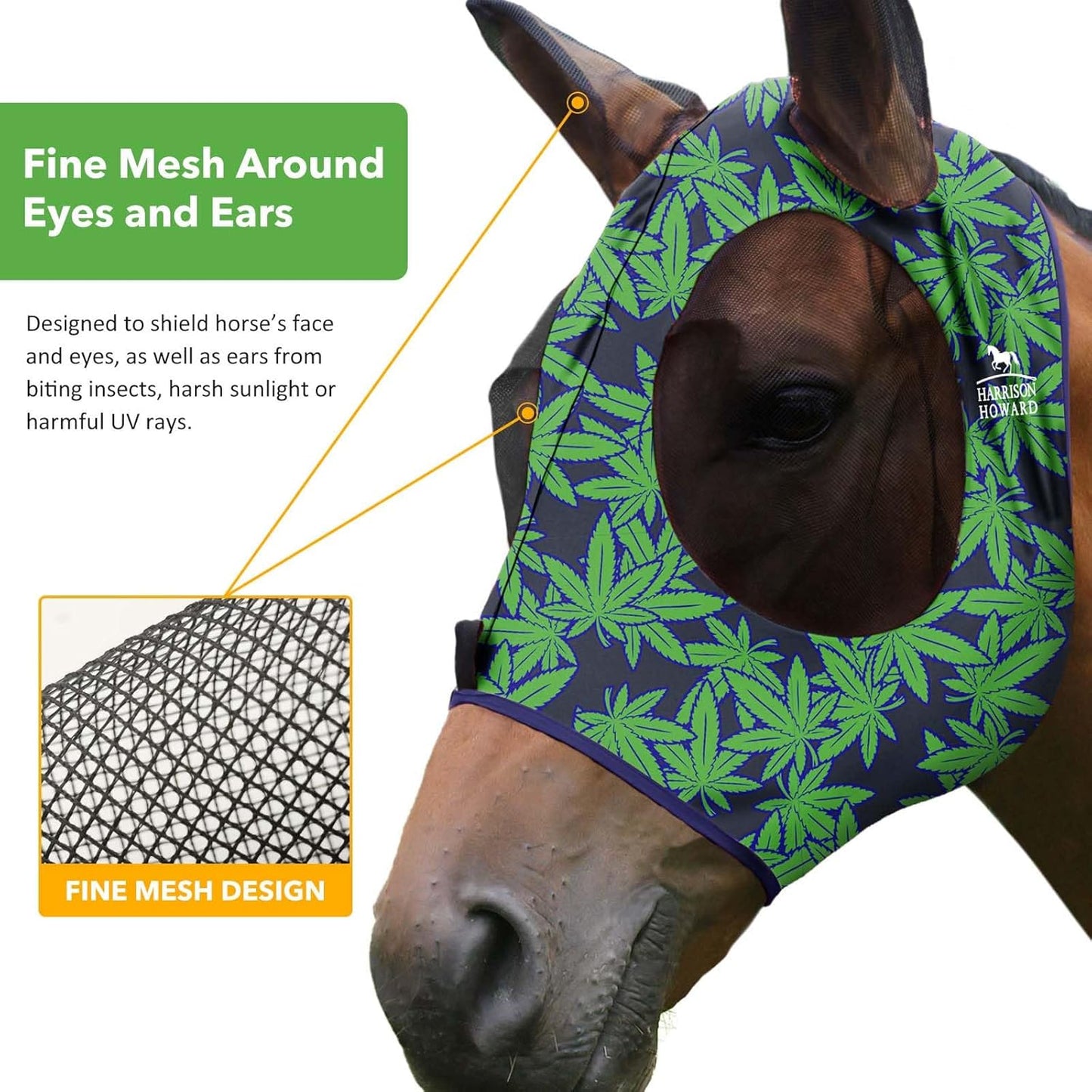 Harrison Howard Super Comfort Stretchy Fly Mask Large Eye Space with UV Protection Soft on Skin with Breathability Live Leaf M