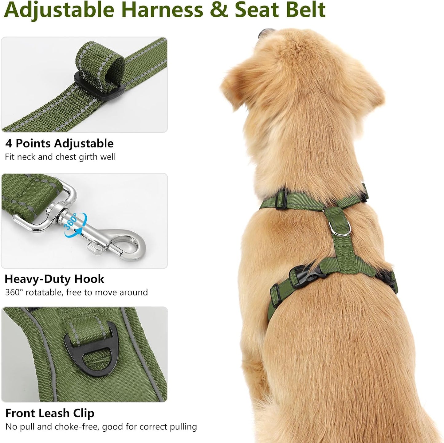 Dog Seat Belt Harness for Car, Dog Car Harness Adjustable Mesh Breathable & Dogs Seatbelt Safety Tether with Elastic Bungee for Small Medium Large Pets(Army Green, XL)