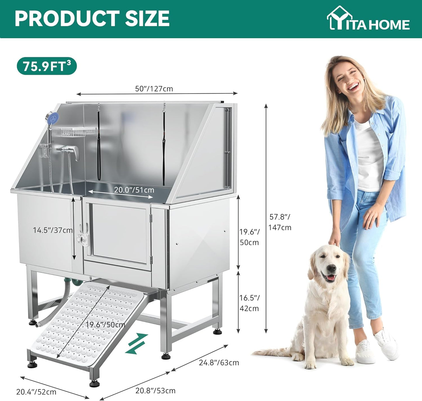 YITAHOME Dog Grooming Bathtub, Professional Stainless Steel 304 Dog Bathing Station w/Right Ramp, Faucet, Floor Grate, 50in Pet Washing Station for Large, Medium, Small Pets