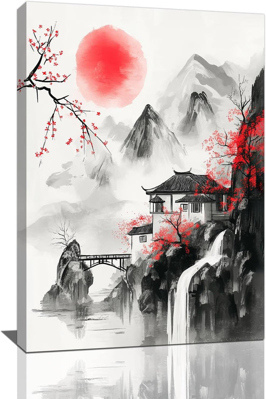 Japanese Wall Art Canvas Asian Nature Wall Decor Prints Framed Painting Mountain Landscape Pictures Gifts Artwork for Bathroom 16"x24"