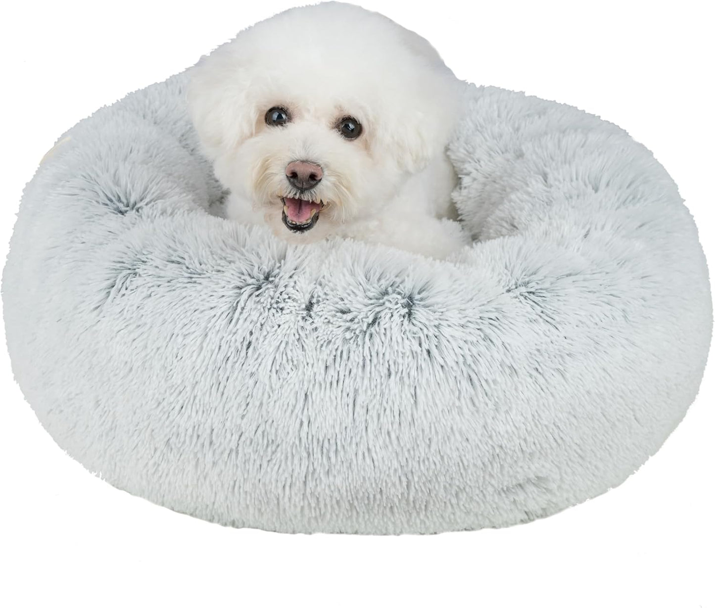 Best Pet Supplies Round Donut Dog Bed with Plush Faux Fur Fabric, Calming, Anti-Anxiety Cushion for Indoor Pets, Slip-Resistant Base, Soft Ergonomic Support - Light Warm Gray, 24x24x7''