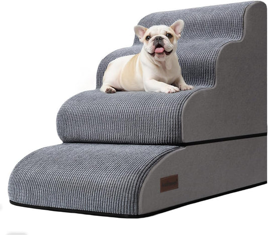 4-Step Dog Stairs and Ramp for Beds or Couches – Non-Slip Sturdy Pet Steps for Small Dogs and Cats,21" H,Grey