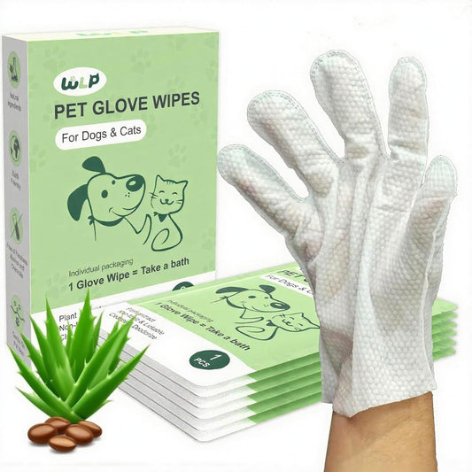 WLP Pet Glove Wipes for Dogs & Cats, Cleaning Deodorizing Hypoallergenic Hydrating Grooming Wipes, Individually Wrapped, Enriched with Aloe & Jojoba Oil for Daily Care, Traveling (6 PCS)