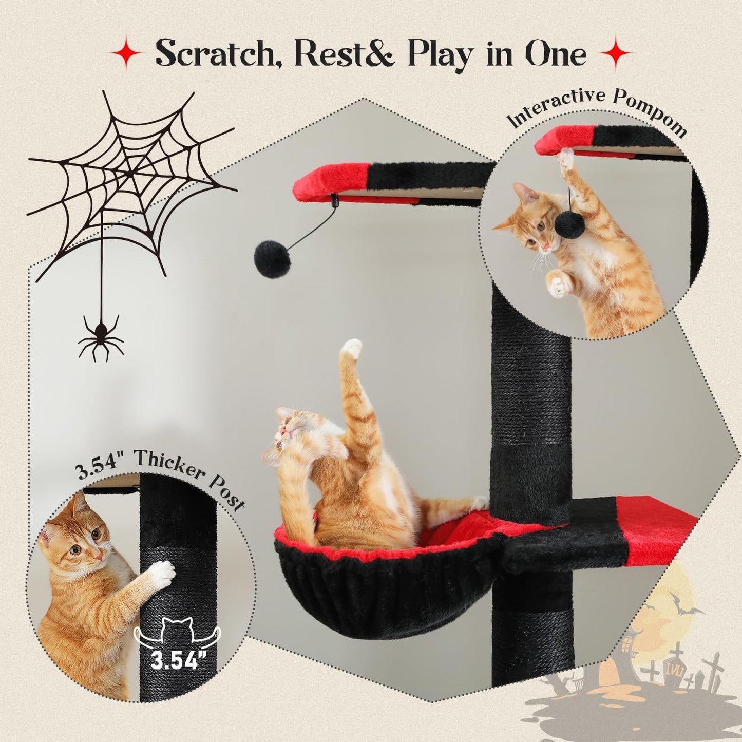 PAWZ Road Gothic Cat Tree, Floor to Ceiling Cat Tower with Adjustable Height (86.8-120 Inches), 5 Tiers Black Cat Condo with Cozy Hammock, Fully Scratching Posts and Dangling Balls for Indoor Cats