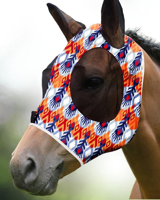 Harrison Howard Super Comfort Stretchy Fly Mask Large Eye Space with UV Protection Soft on Skin with Breathability Tribe Feather Full Size