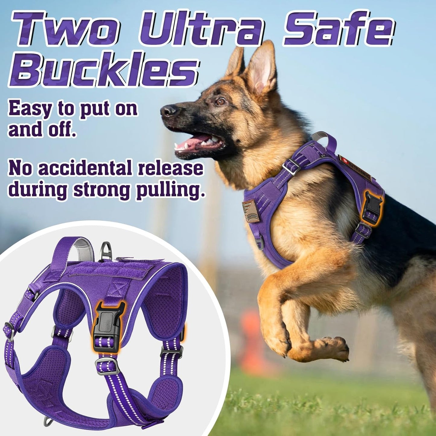 rabbitgoo Tactical Dog Harness Medium Sized Dog, No Pull Military Service Vest with Handle & Molle, Easy Control for Training Walking, Adjustable Reflective Straps, Purple, M