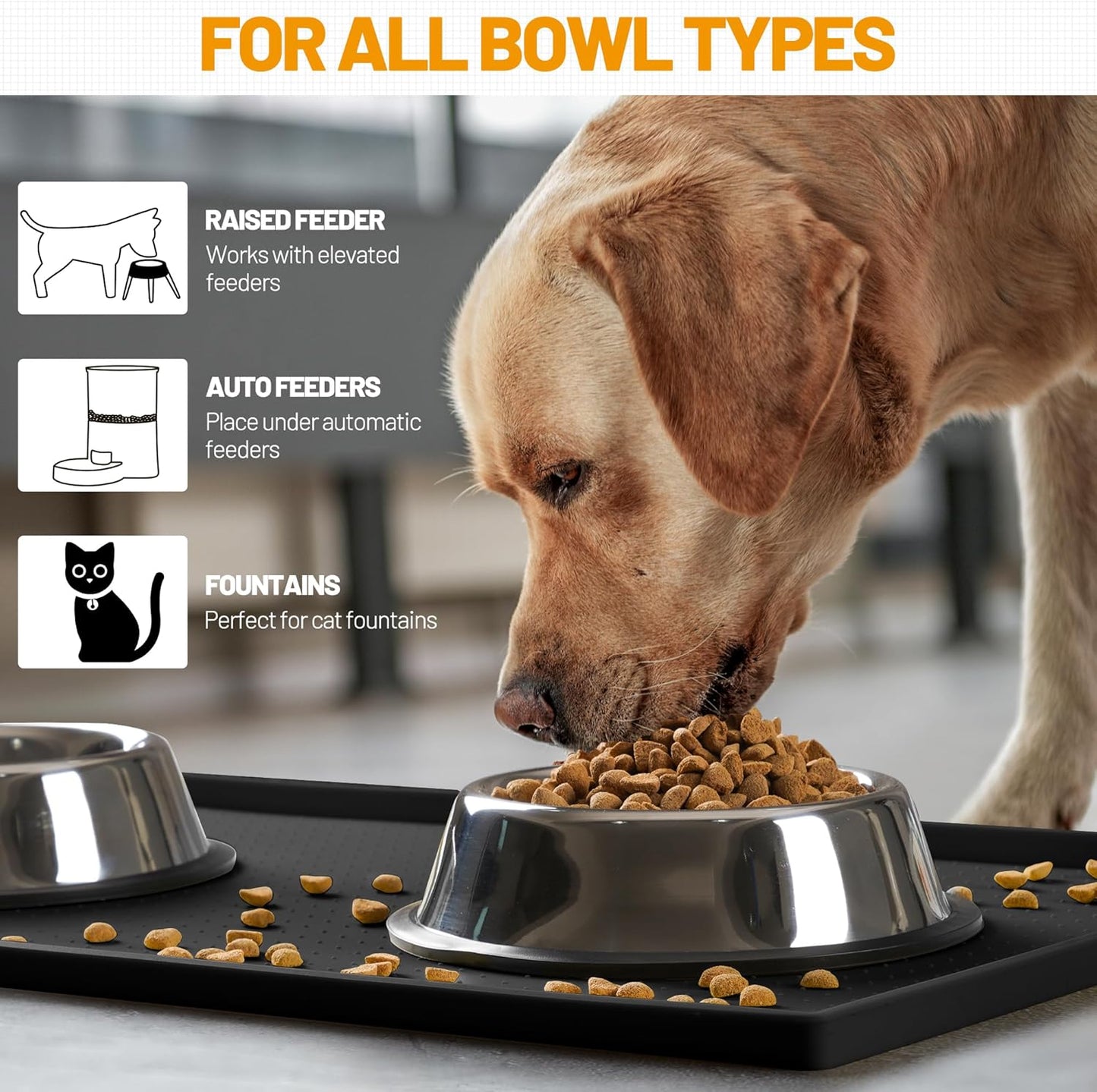 Hubulk Dog Feeding Mat,100% Waterproof Food Grade Silicone Pet Food and Water Bowl Placemat,Dishwasher, High Raised Edge to Prevent Spills,Nonslip Tray to Stop Messes on Floor (32"x24"x1.0", Black)
