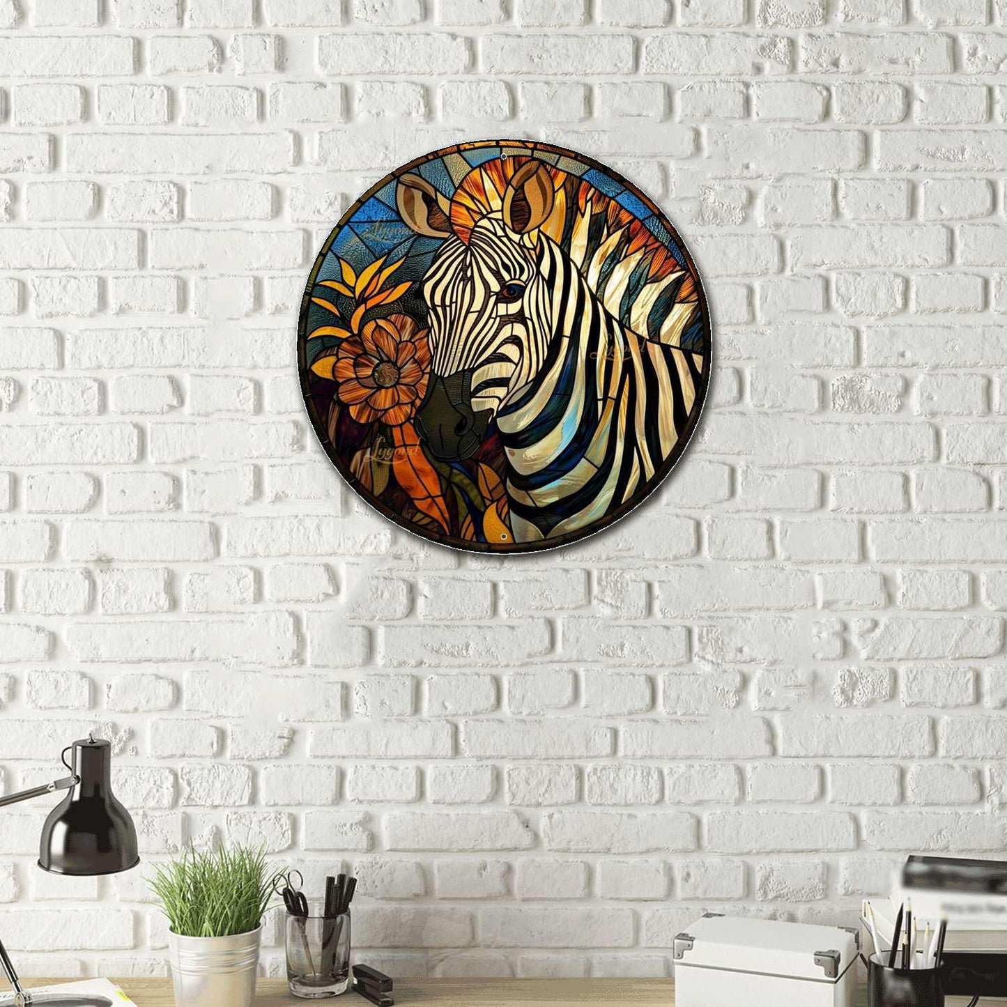 Lygond Metal Sign Tin Sign Circular Stained Glass Zebra Home Decor for Bar 12×12 Inches