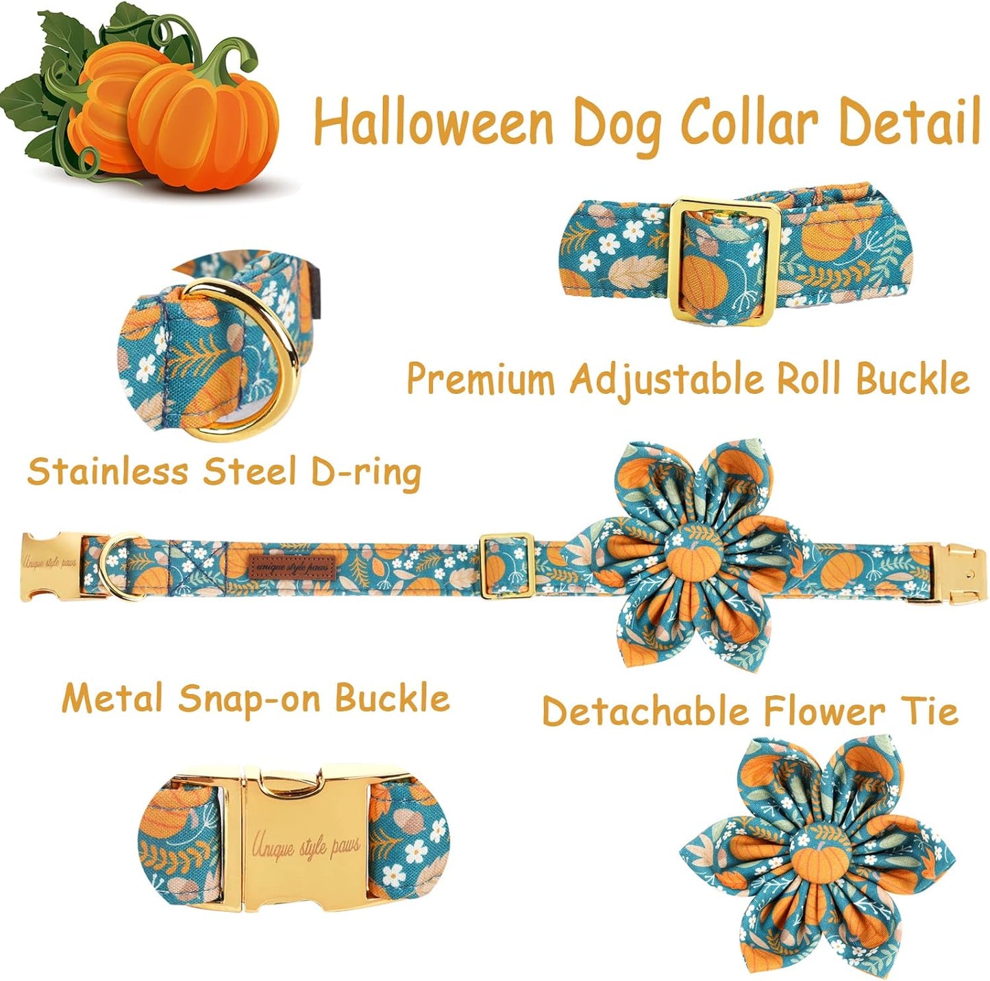 Unique style paws Halloween Dog Collar with Flower Tie Pumpkin Cotton Collar Adjustable Puppy Collar for Small Medium Large Dogs-S