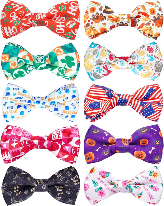 PET SHOW 10 Pack Holiday Small Dog Bow Ties Sliding Collar Attachments Puppy Cats Festival Patterns Bowties for Medium Dogs Classy Bowknots Party Wedding Pet Grooming Accessories(Small)
