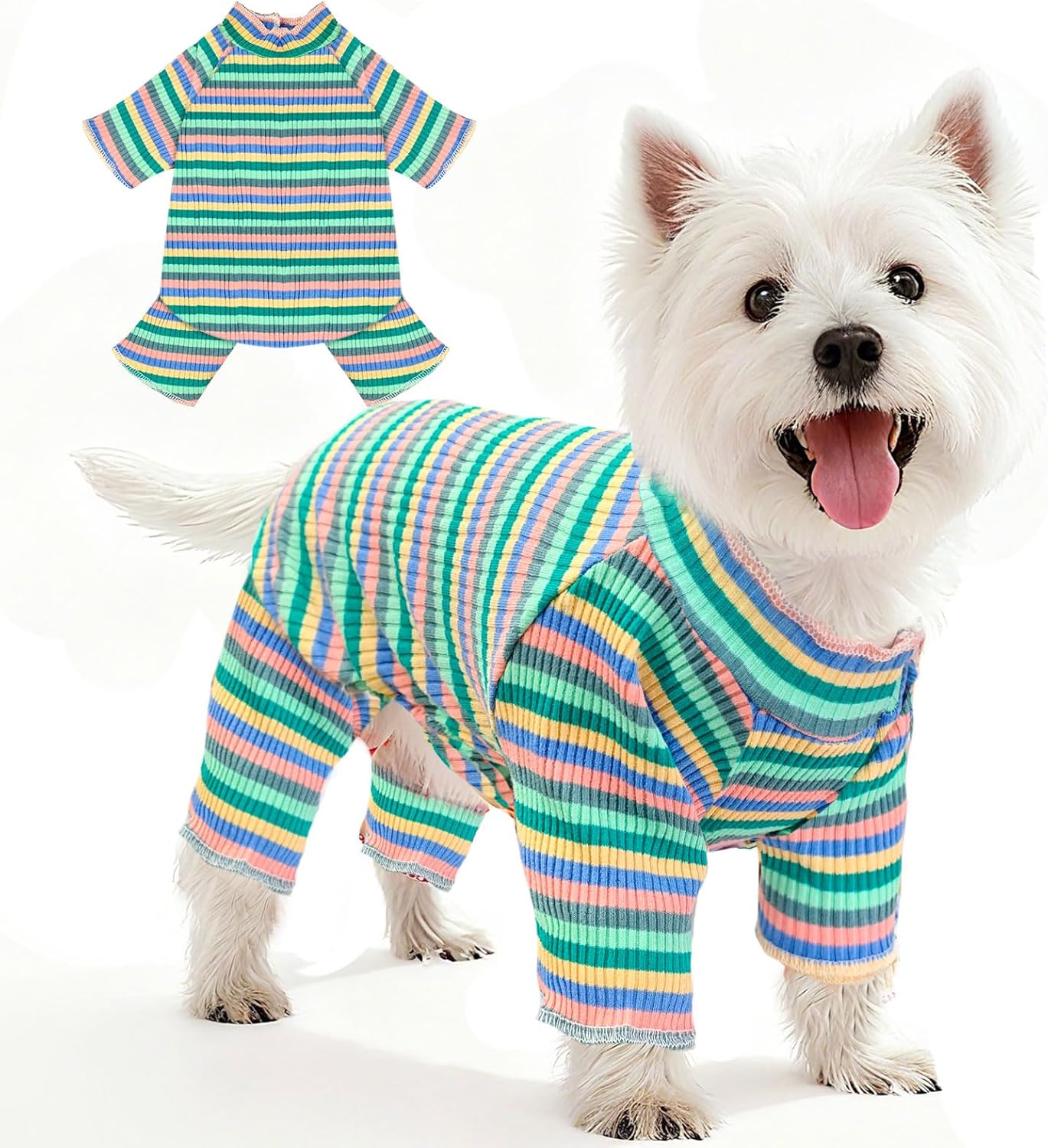 BAEJMJK Striped Dog Pajamas Stretchy Cute Four-Legged Boy Girl Dog Clothes with Sleeves Comfortable Dogs Jumpsuit Colorful Pet Puppy Outfits Apparel for Small Medium Dogs Cats(Green,Medium)