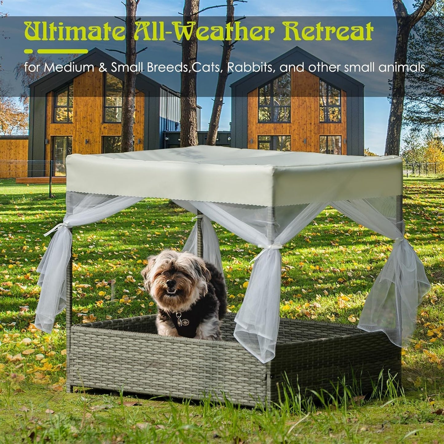 Wicker Dog House Outdoor Indoor with Canopy, Weatherproof Outside Dog Shelter Bed with Cushion, 4Sided Mesh Windows, Pet House Tent Shade for Small Medium Dogs, Rattan Dog Cot for Patio Yard Gray
