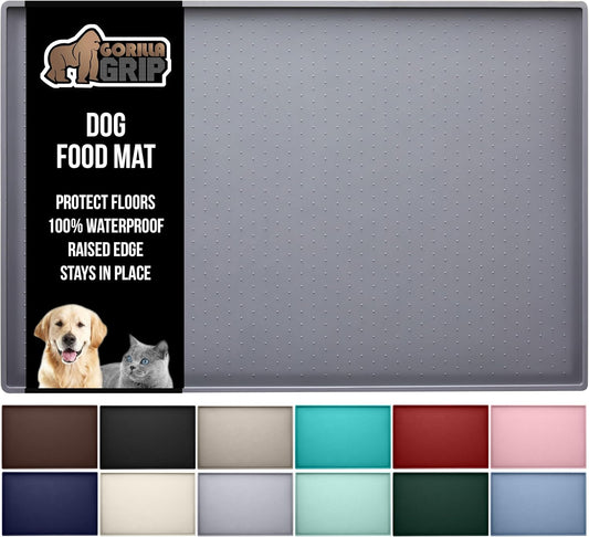 GORILLA GRIP 100% Waterproof Raised Edge BPA Free Silicone Pet Feeding Mat, Dog Cat Food Mats Contain Spills Protects Floors, Placemats for Cats and Dogs Water Bowl, Pets Accessories 28x18 Gray