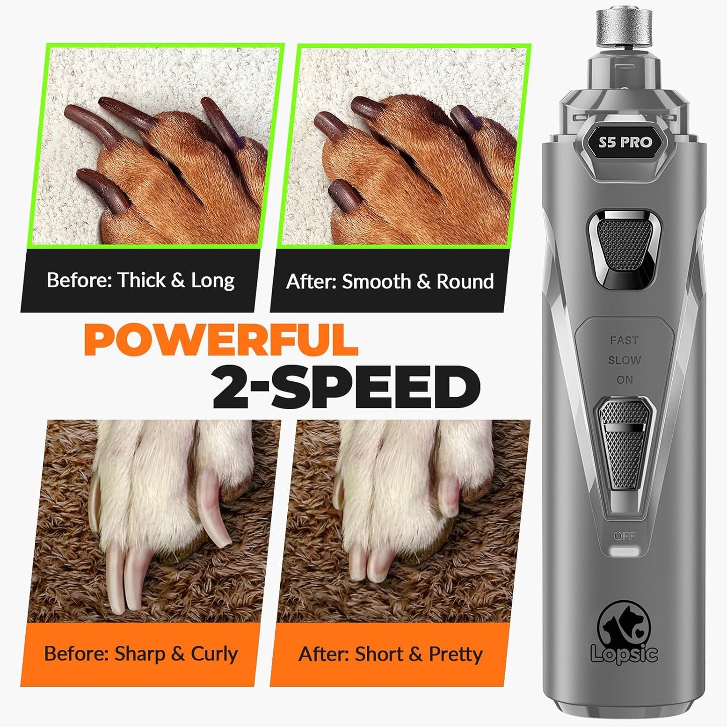 Dog Nail Grinder with 2 LED Lights Powerful 2 Speeds Super Quiet Dog Nail Trimmers with 3 Grinding Wheels Rechargeable Pet Dog Nail Clippers for Large Medium Puppy Dogs Dog Nail File Cat Nail Clipper