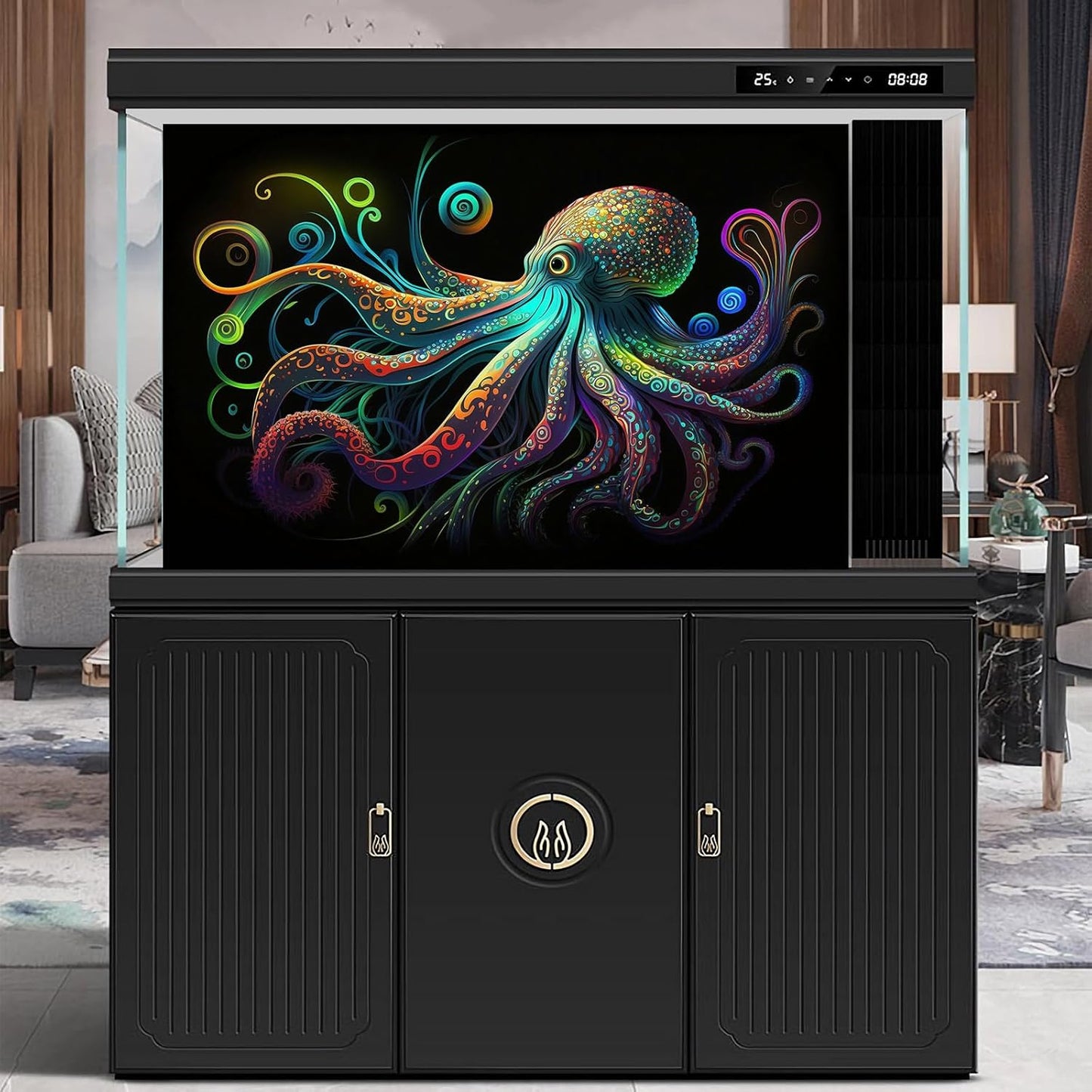 Octopus Aquarium Background Exquisite Colorful Octopus Terrarium Background Glowing Octopus on Black Background Fish Tank Backdrop Octopus Backdrops Poster Wallpaper Decorations Vinyl 48x18in