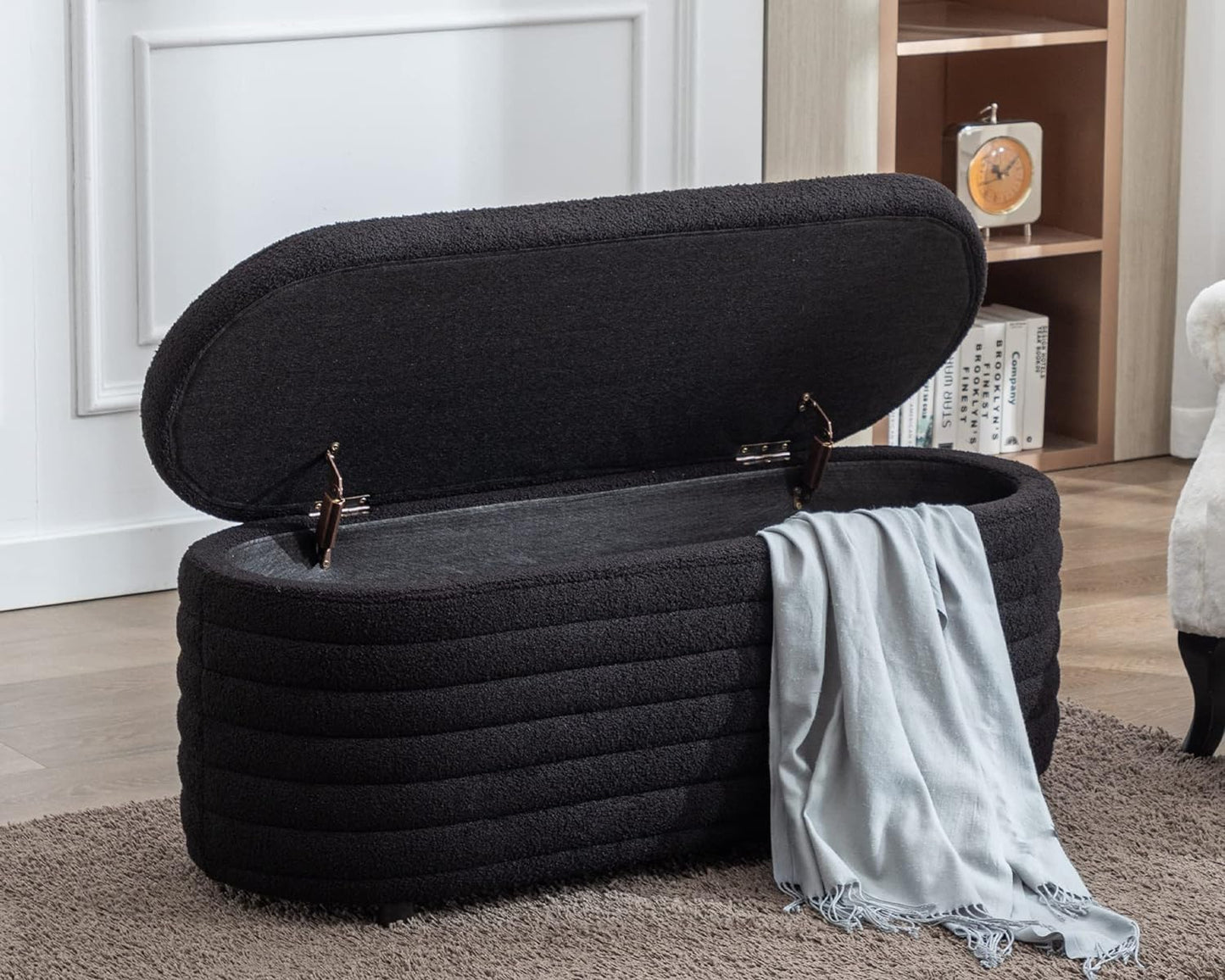 Storage Ottoman Bench Upholstered Fabric Storage Bench End of Bed Stool with Safety Hinge for Bedroom, Living Room, Entryway (45.5-inch, Black)