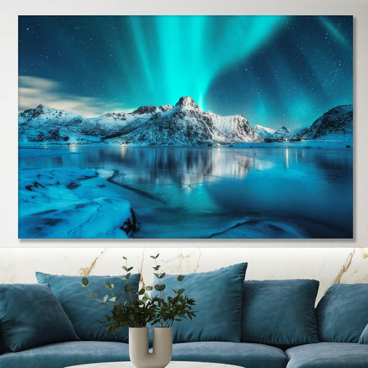 Nature Wall Art Prints - Ocean Forest Mountain Lake Canvas Landscapes - Small to Extra Large Living Room Bedroom Kitchen Bathroom Décor (Northern Lights Over Lake, 31L" x 47W")