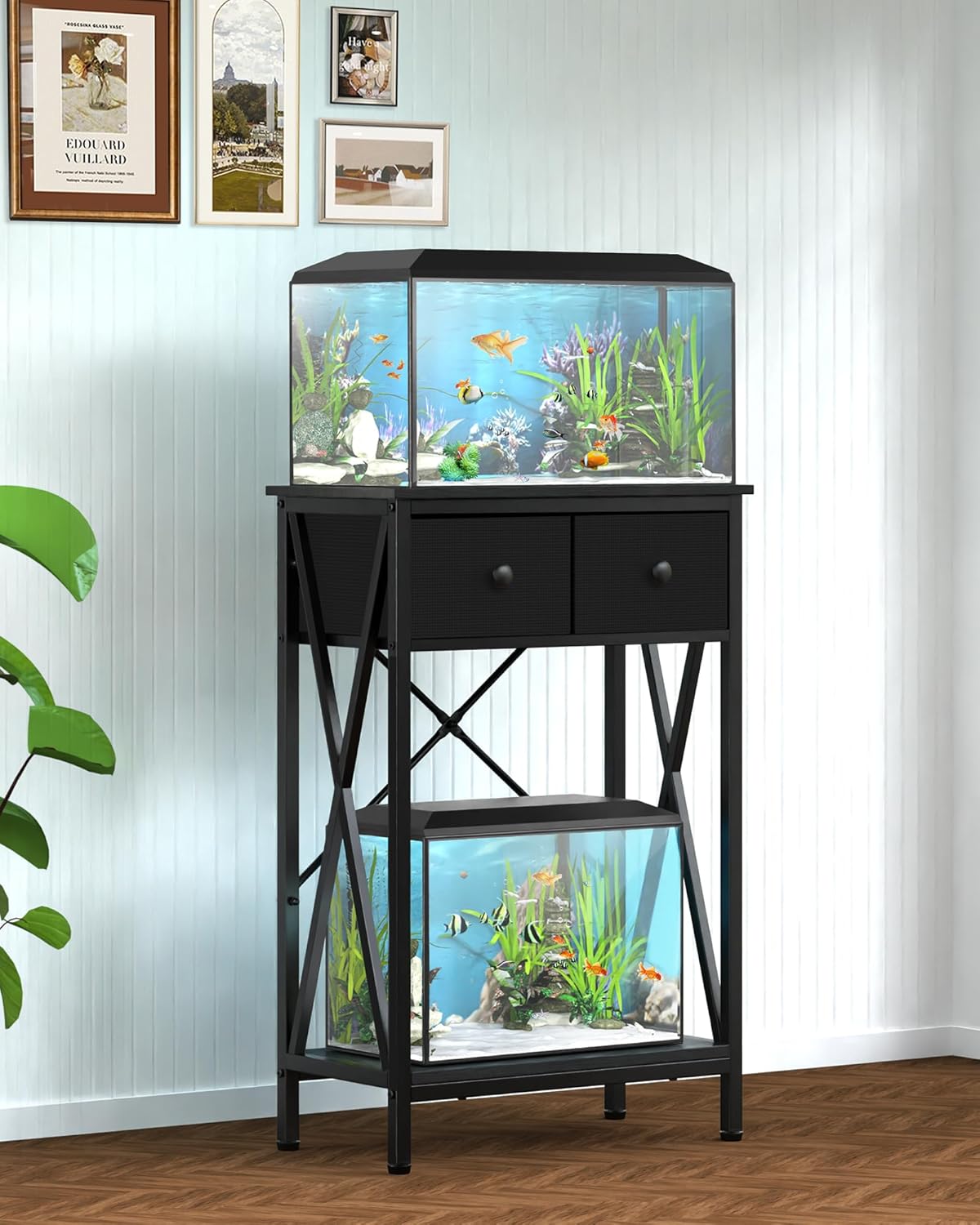 Fish Tank Stand for 5-10 Gallon Fish Tank: Aquarium Stand with Power Outlet - Metal 10 Gallon Tank Stand with Cabinet Drawer Storage for Turtle Tank, Reptile Terrarium (Black, 220LBS Capacity)