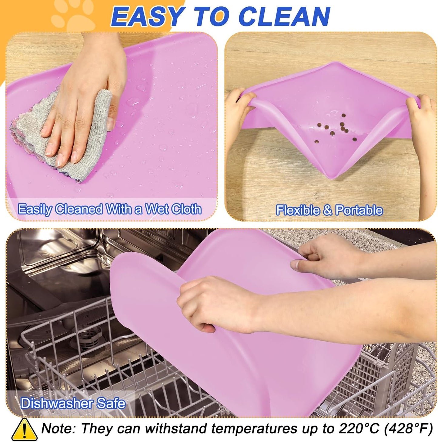 Silicone Pet Feeding Mat with Raised Edge for Food and Water, Dog Bowl Mats, Cat Bowls Placemat with High Lip for Floor Waterproof, Rubber Tray for Cats and Dogs 22 x 14 x0.8 Pink