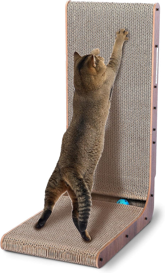 Cat Scratcher with Cat Toys Ball Track, Build-in Ball, L-Shaped Scratcher, Cardboard Lounge Bed, Stable and Durable, Furniture Protector, Reversible
