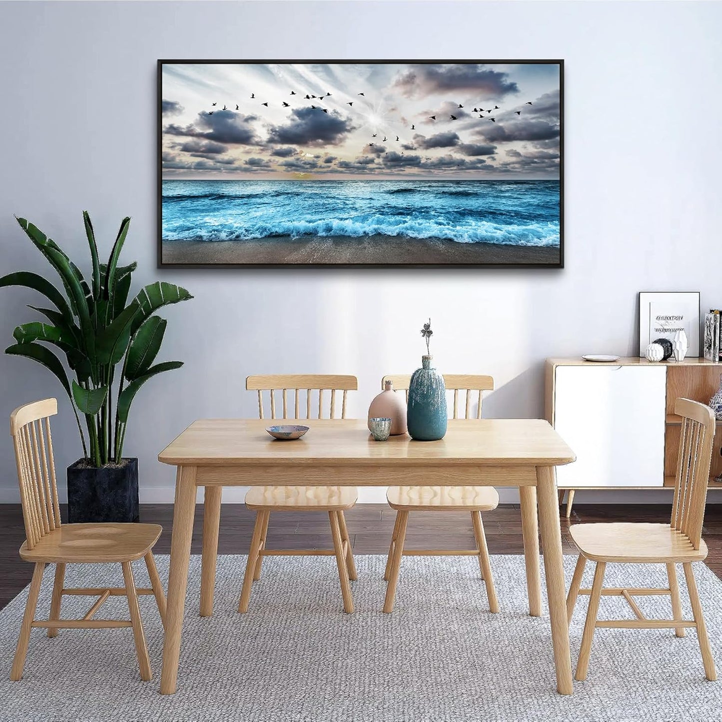 Wapluam Black And White Beach Wall Painting Black Framed Canvas Wall Art For Living Room Wall Decoration For Bedroom Office Wall Decor Blue Sea Wave Pictures Artwork Modern Hotel Room Home Wall Art