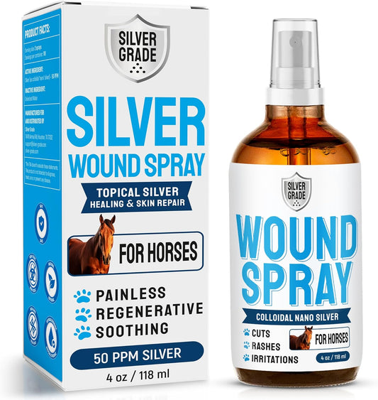 Horse Wound Care Spray with Silver – Wounds, Scratches, Cuts, Abrasions, Itching, Hot Spots, Skin Irritation – First Aid Solution and Breeds – 4 Oz