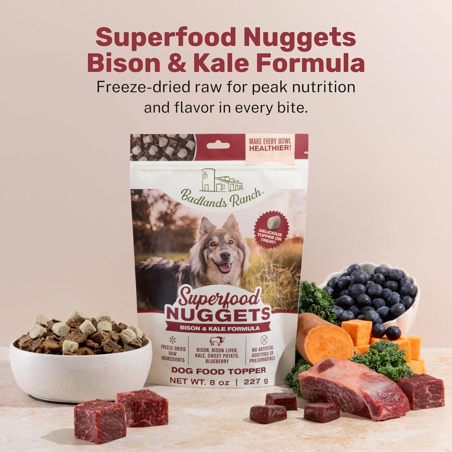 BADLANDS RANCH Superfood Nuggets – Freeze-Dried Raw Dog Food Topper/Treat. Nutrient-Dense Bison & Kale Formula. No Artificial Additives. Premium 8oz Bags – 4-Pack Bundle