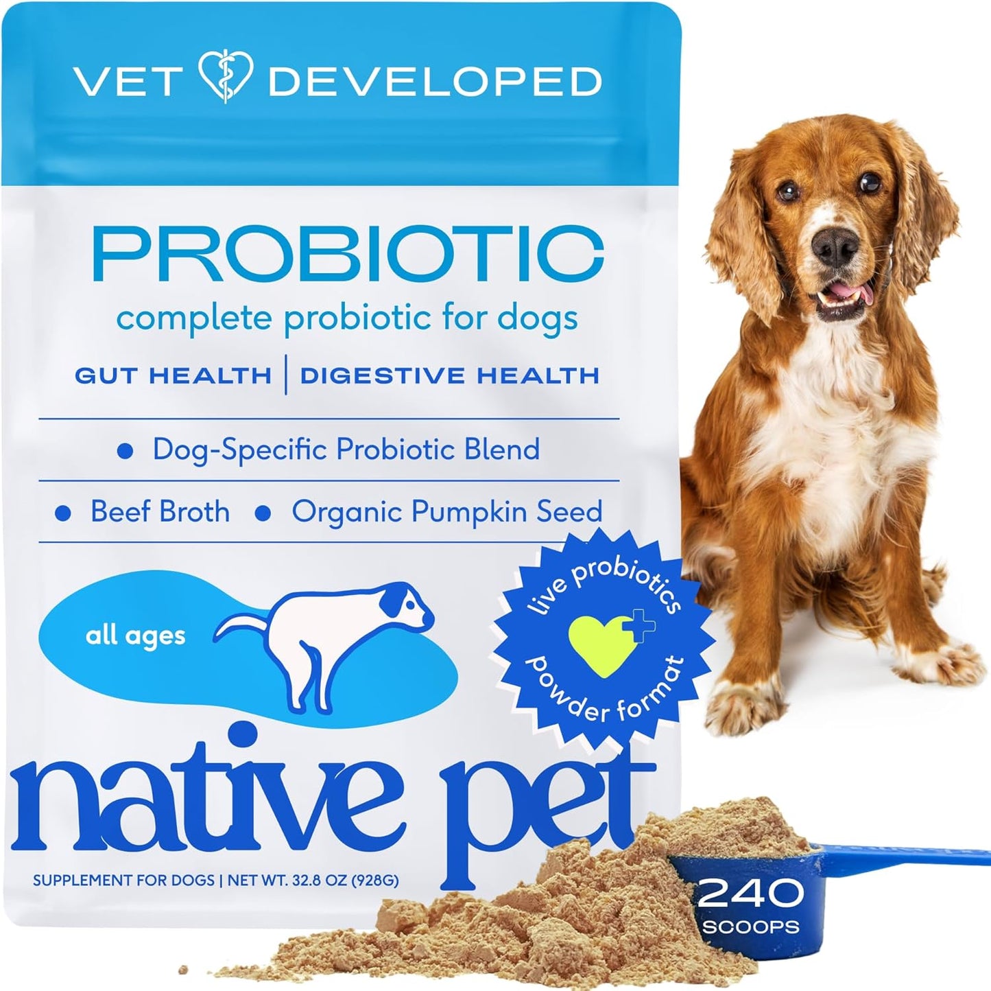 Native Pet Probiotics for Dogs - Dog Probiotics Powder for Digestive Health, Gut Support, & Immune Boost – Vet-Formulated Powder for Maximum Potency with Digestive Enzymes & Prebiotics - 240 Scoops
