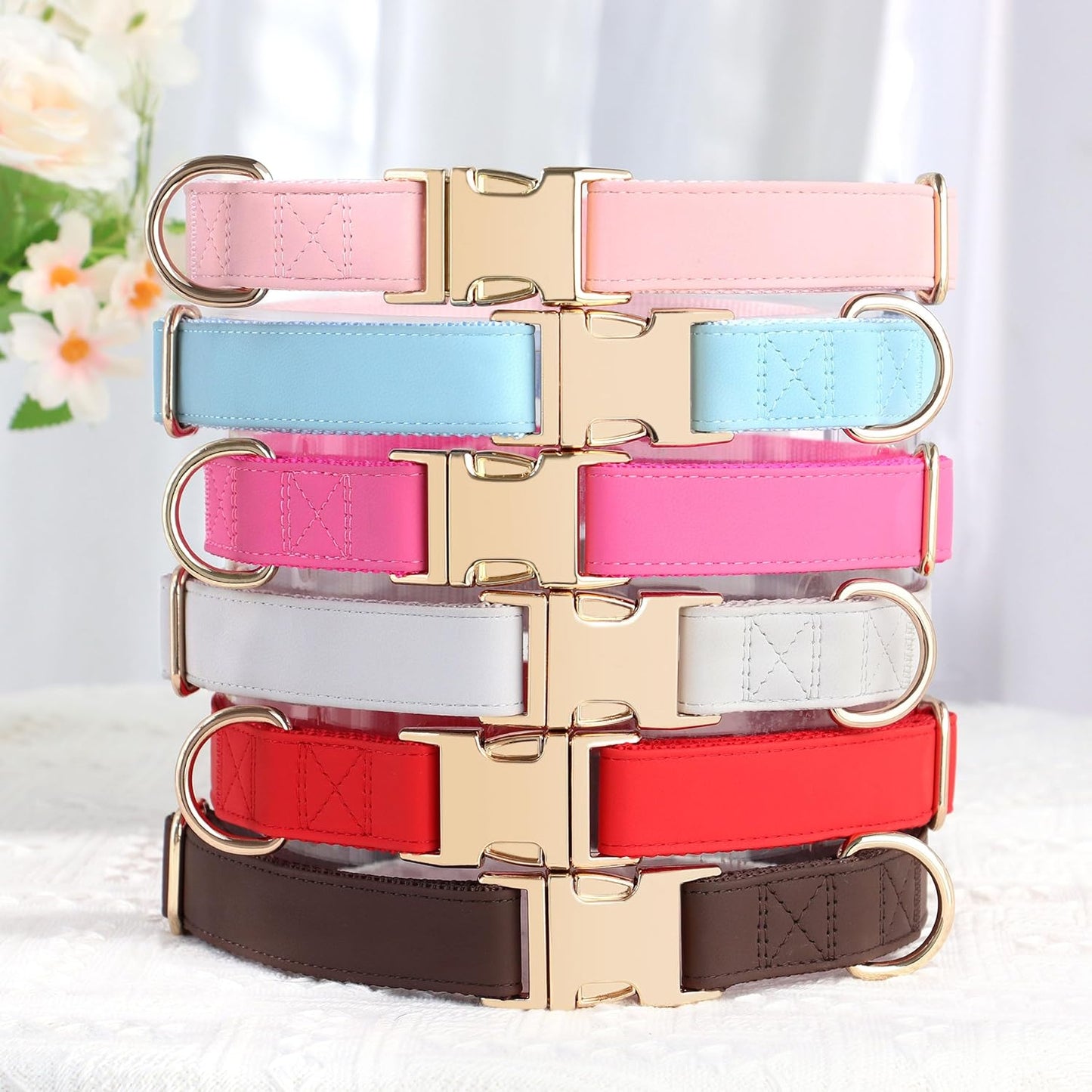 PET ARTIST PU Leather Dog Collar, Bright & Stylish Brown Dog Collar with Quick Release Gold Metal Buckle, Soft Nylon Padded Durable Pet Collars Adjustable for Medium Dogs, Neck Fit 13-19"