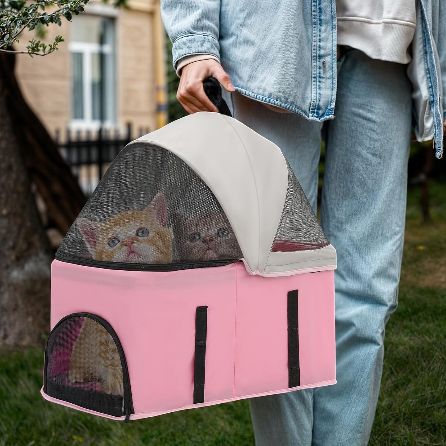 Magshion Foldable Pet Stroller, 3-in-1 Dog Travel Jogger with Detachable Carrier, Cup Holder, Storage Basket, Folding Carrier for Small/Medium Dogs & Cats Up to 33 lbs, Pink