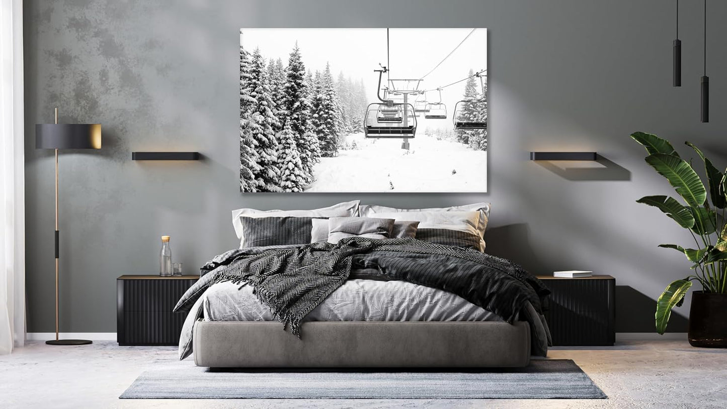 Nature Wall Art Prints - Ocean Forest Mountain Lake Canvas Landscapes - Small to Extra Large Living Room Bedroom Kitchen Bathroom Décor (Ski Lift on Snowy Mountain, 31L" x 47W")