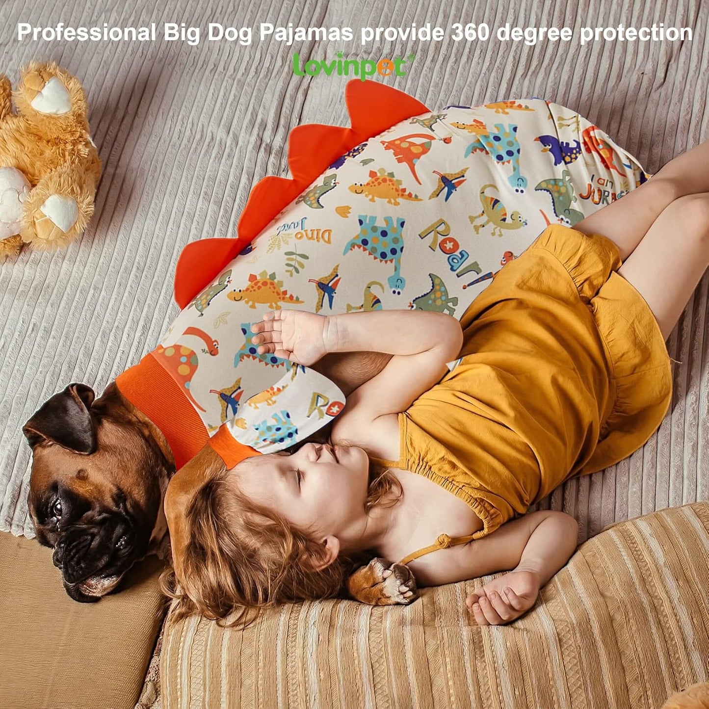 LovinPet Dog Pajamas Large Sized Dog, Recovery Wear, Lightweight Jurassic Knit, UV for Large Dogs/XL