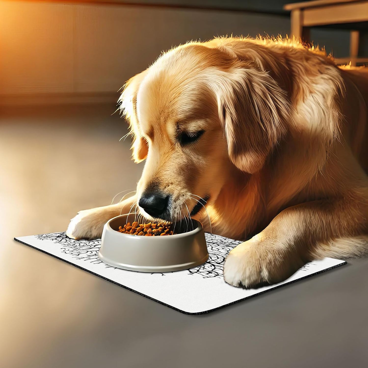 Lunarable Nature Pet Mat for Food and Water, Silhouette of Twisted Coral Reef Branches in Minimalist Tones Underwater Design, Non-Slip Rubber Mat for Dogs and Cats, 18" X 12", Black Print