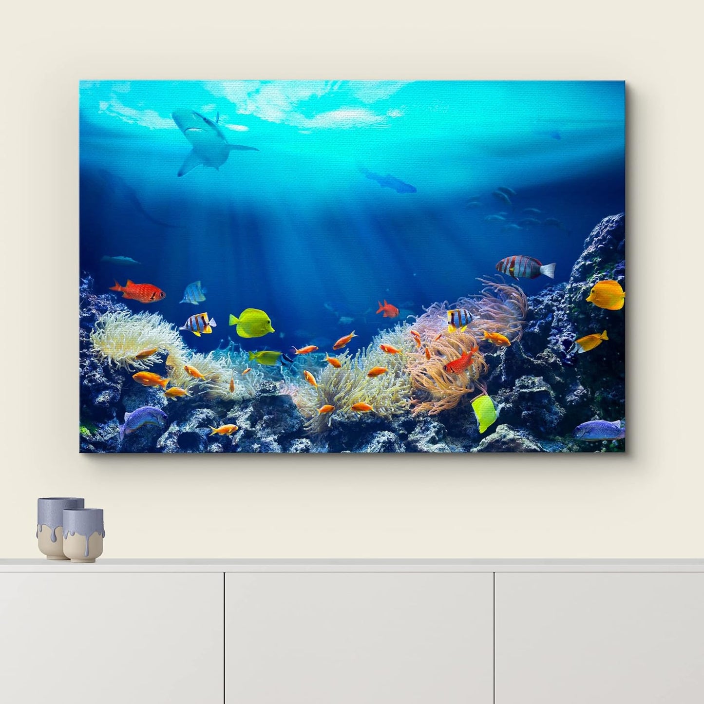 wall26 Canvas Print Wall Art Shining Sunlight Coral Reef Shark & Fish Nature Animals Photography Realism Rustic Scenic Landscape Wilderness Earth Colorful for Living Room, Bedroom, Office - 16"x24"