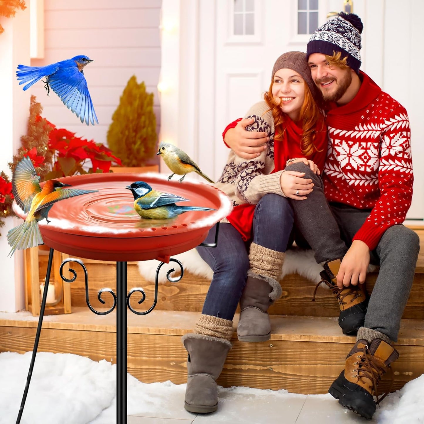 Heated Bird Baths for Outdoors for Winter, Lovppy 100W Heated Bird Bath Water Heater with Thermostatically Controlled, Heated Bird Baths Bowl with Metal Stake for Outside Garden Patio Yard (Brown)