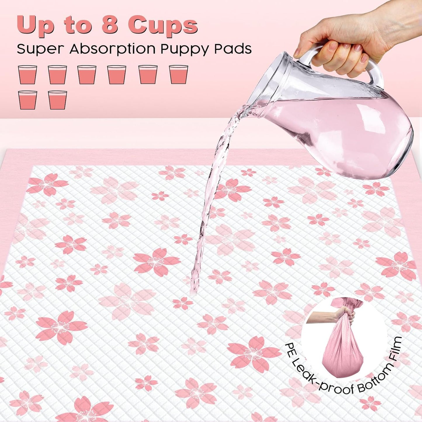 MIZOK Dog Pee Pads 28x34in Pink, Puppy Pads Extra Large Absorbent with Adhesive Tabs 6-Layer Leak-Proof Quick-Dry Design Odor Control for Potty Training, Cherry Blossom Prints (40 Counts)