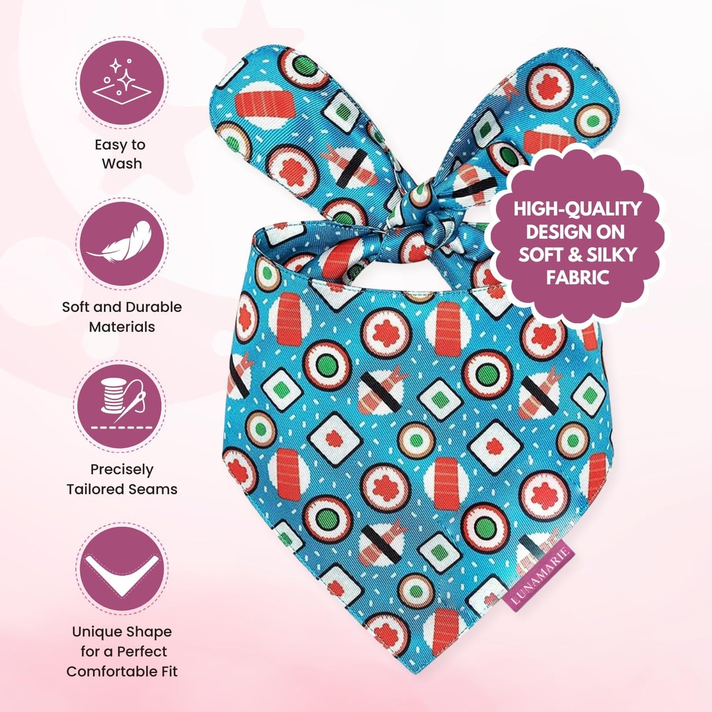 LunaMarie - Luxury Pet Birthday Bandanas -Premium & Silky Poly Fabric | 100% Handmade | Custom Shape Dual Layered (Sushi, Small)
