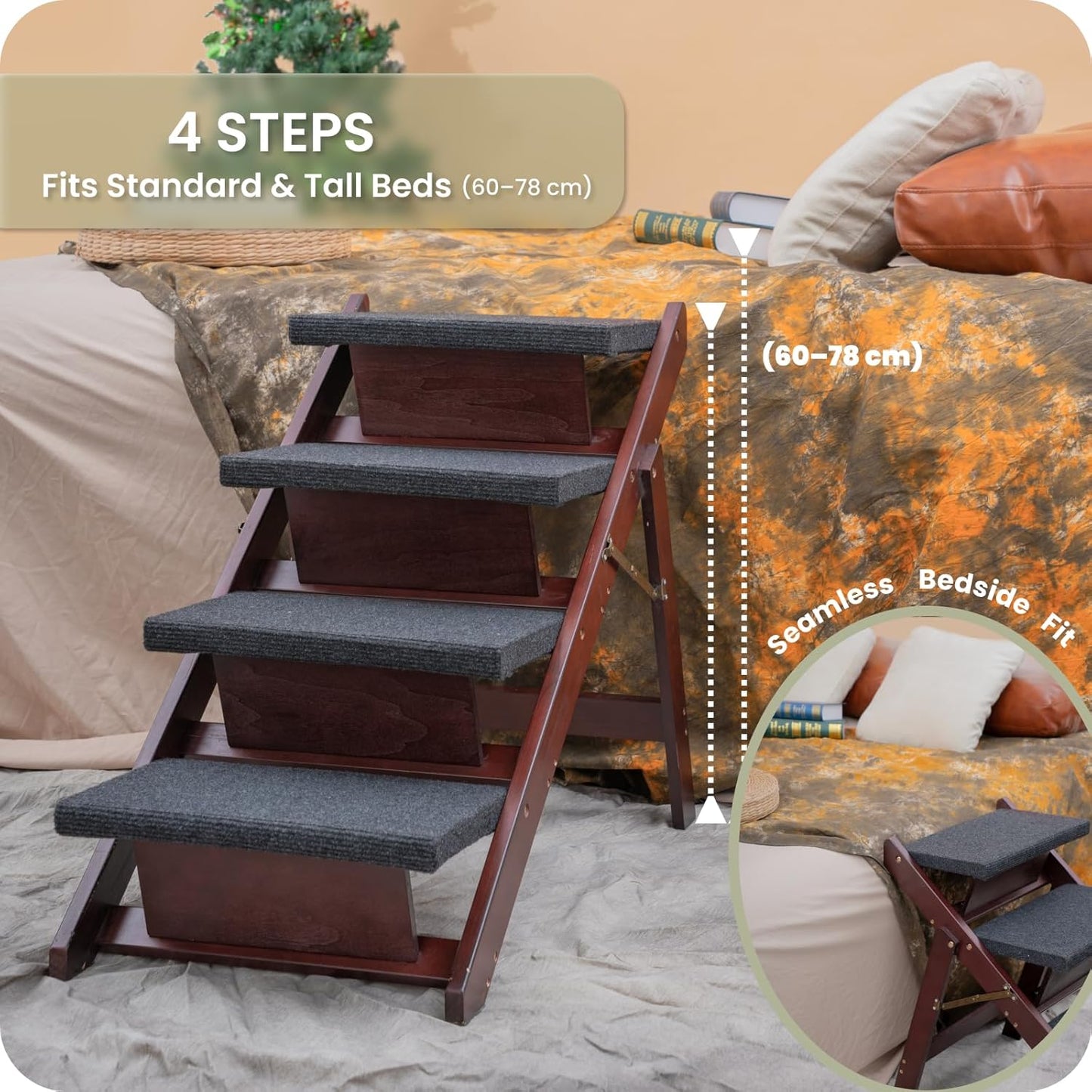 MEWANG Wooden Pet Stairs/Pet Steps - 3-in-1 Foldable Stairs & Ramp for Beds and Cars - Portable Dog/Cat Ladder Up to 220 Pounds - Great for Small and Older Animals(Brown) (24.8" L x 17.2" W x 19.5" H)