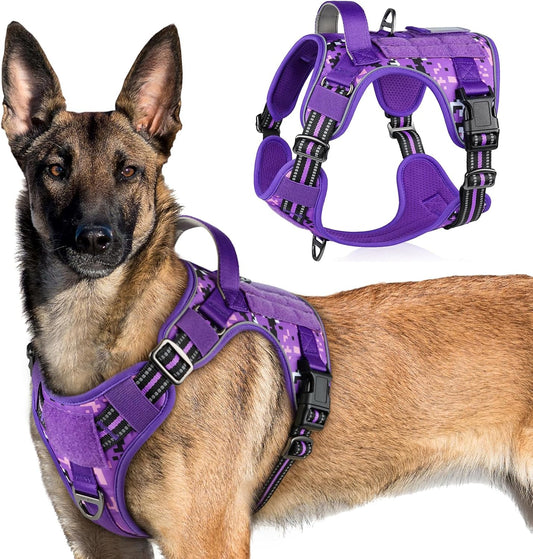rabbitgoo Tactical Dog Harness for Large Dogs, No Pull Military Service Vest with Handle & Molle, Easy Control for Training Walking, Adjustable Reflective Straps, Purple Camo, XL