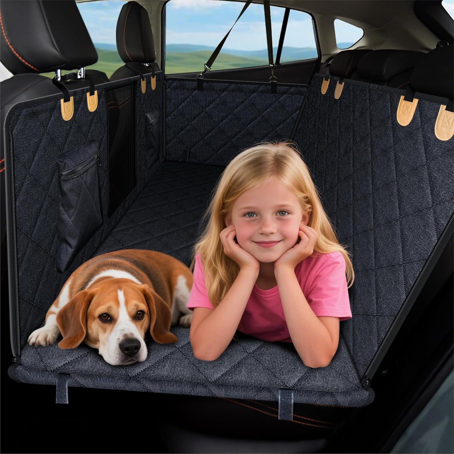 Back Seat Extender for Dog, Waterproof Dog Car Seat Cover for Back Seat, Hard Bottom Car Seat Cover, Large Space Hammock for Full-Size Crewcab Trucks, Pet Seat Cover Holds 450lbs(Black)