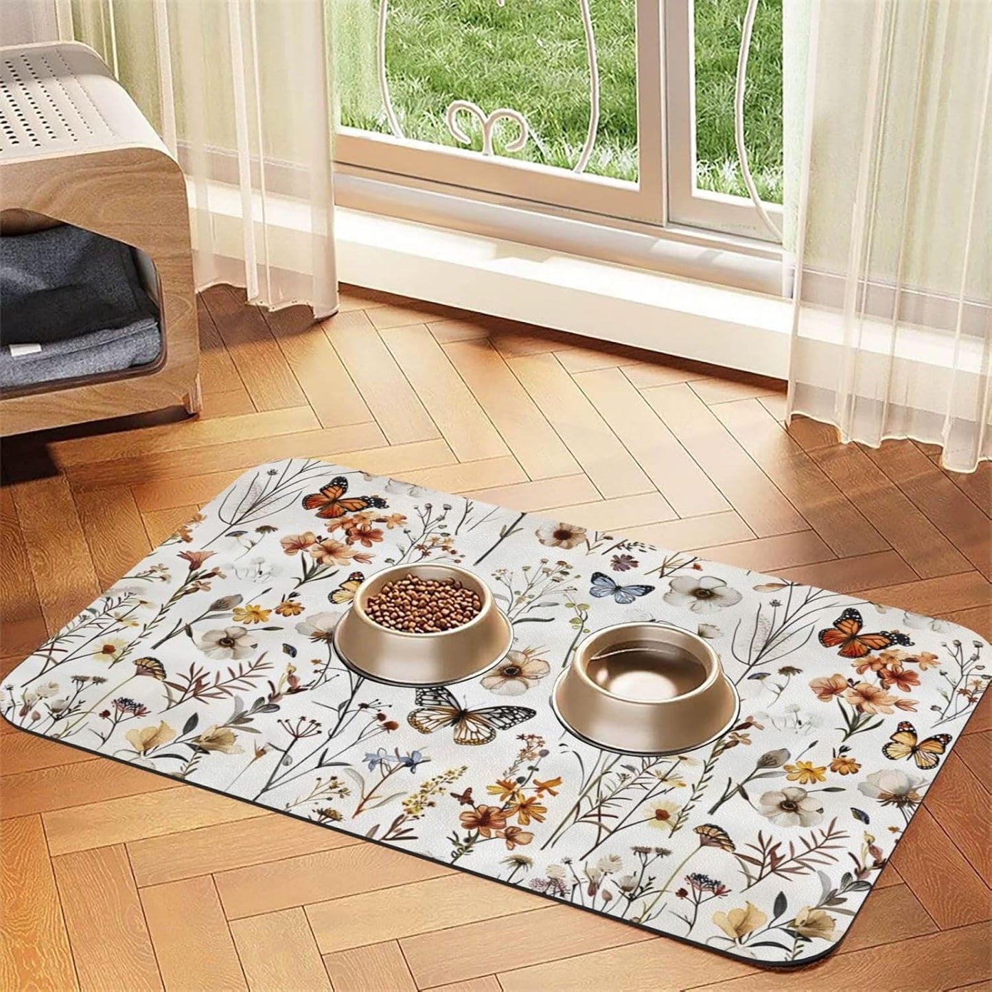 Wildflower Butterfly Dog Food Mat Absorbent Bowl Mats No Stains Quick Dry Waterproof Pet Cat Placemats for Food and Water, 30x45cm
