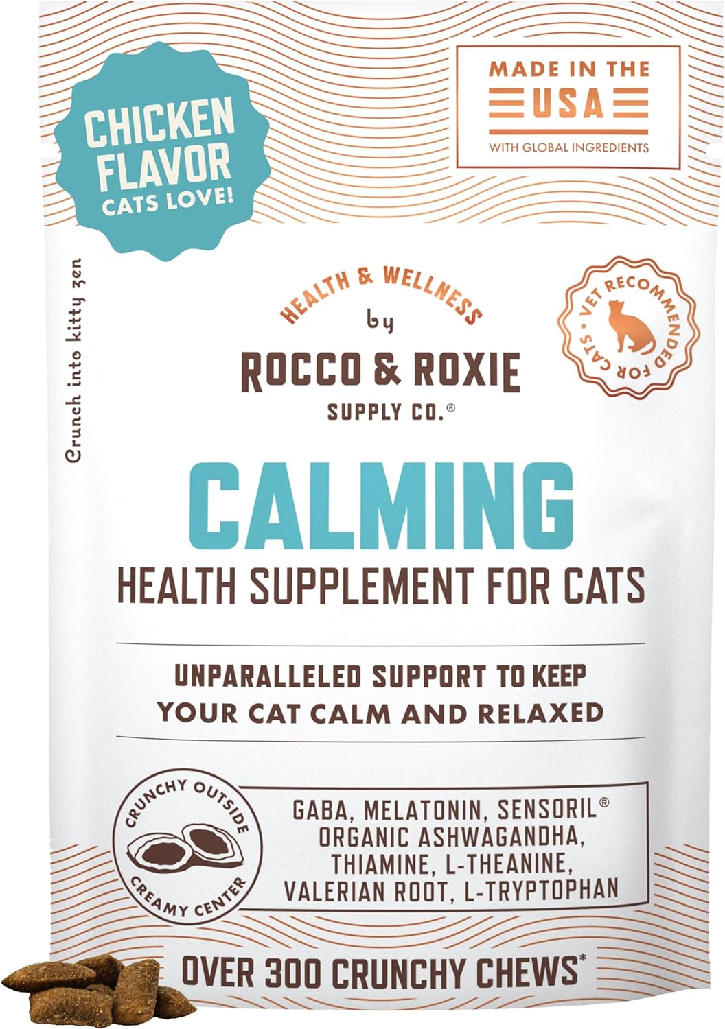 Rocco & Roxie Cat Calming Treats with Melatonin for Cats, Stress and Anxiety Relief, Keep Calm for Grooming, Travel, or Vet Visits, Aid Sleep with Organic Ashwagandha and GABA, Chicken Flavored Chews