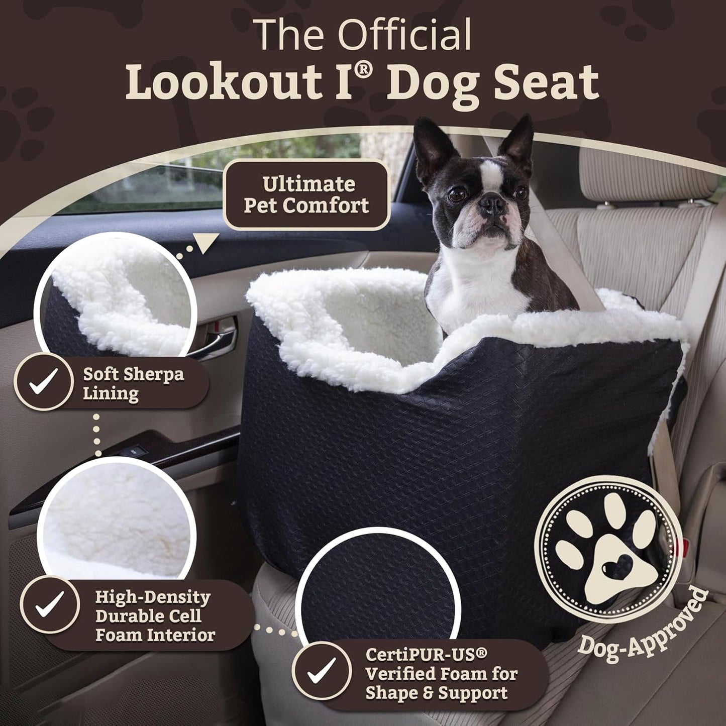 Snoozer Lookout I Car Seat - Dog Car Seats for Small Dogs, Puppy Booster Bed for Small Sized Pets up to 18 Lbs, Elevated, Washable - Size S, Black Diamond