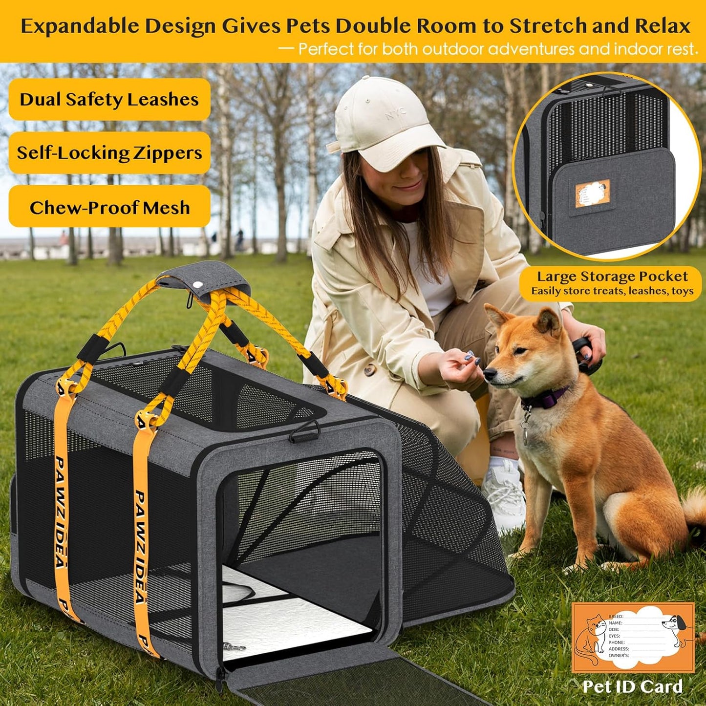 PAWZIDEA Expandable Large Pet Carrier, 24"X16"X16" Top Load Cat Carrier Bag for 2 Cats, Collapsible Dog Travel Crate for Small Medium Dog up 55lbs, Soft-Sided Car Seat Cage, XL Storage Pocket, ID Tag