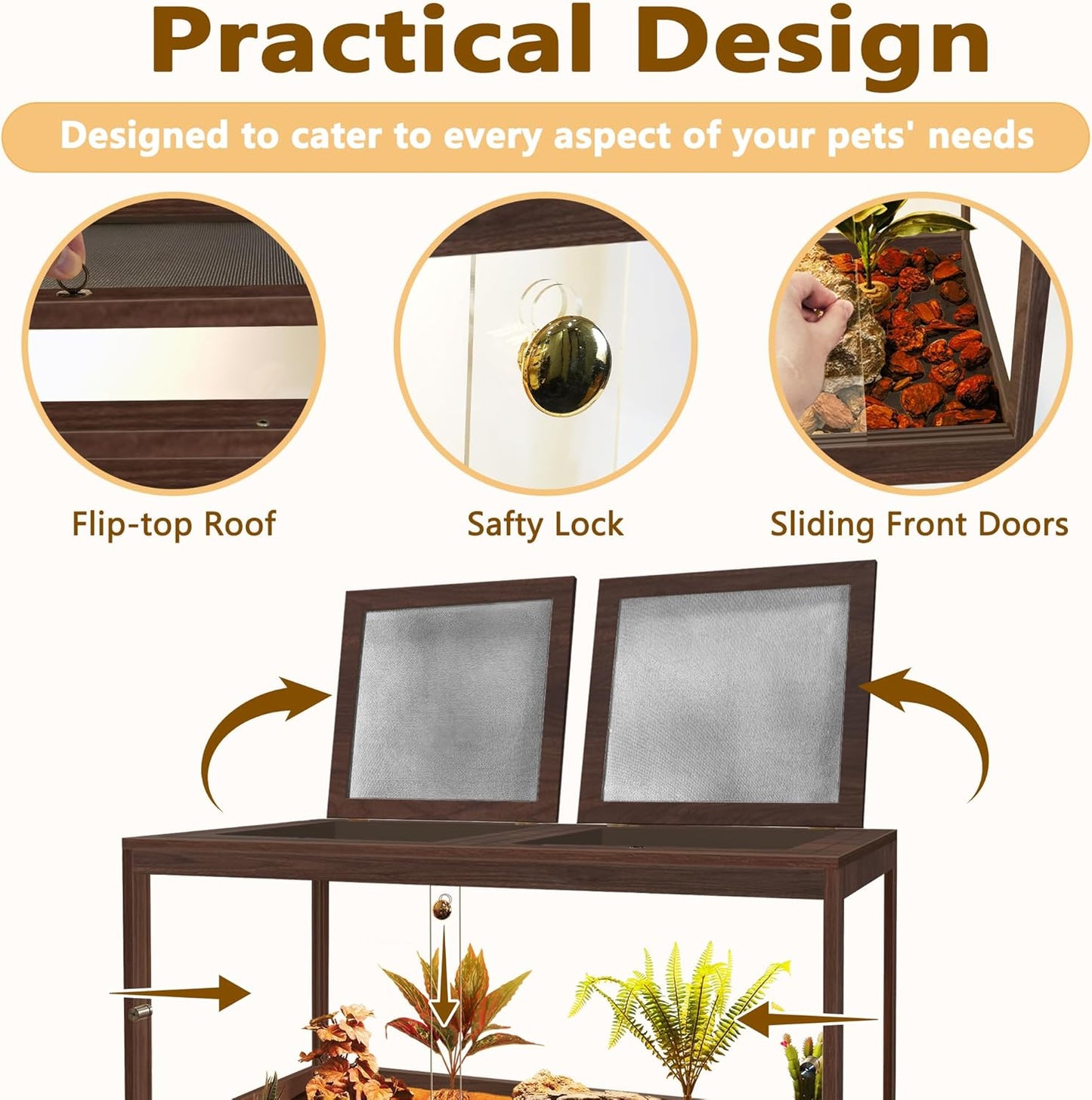 PROLEE Bearded Dragon Tank,34 Gallon Reptile Tank with Meatl Mesh Roof and Front Sliding Door, Anti-Scratch Lizard Tank,Spacious Reptile Enclosure for Snakes,Lguanas, Chameleons(Walnut)