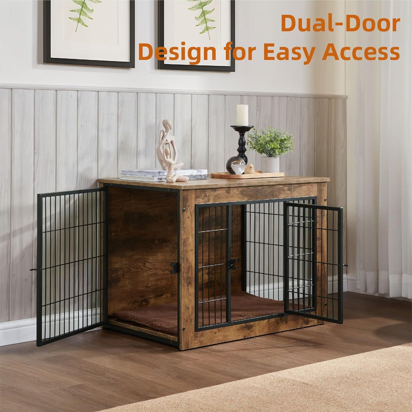 FLEXIMOUNTS Dog Crate Furniture with Cushion, Wooden Dog Kennel Furniture, Heavy Duty Dog Cage, 40" Dog Kennel with Double Doors, L