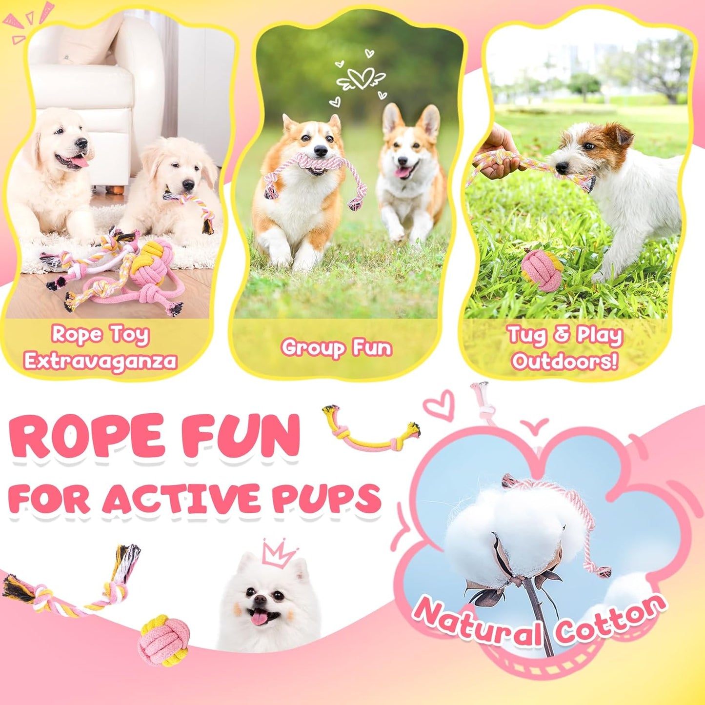 KIPRITII 25-Pack Pink Dreamy Dog Toy Set for Small Female Puppies - Includes Sweet Rope Toys, Chew Toys, Cute No-Stuffing Squeaky Dog Toy for Boredom and Teething